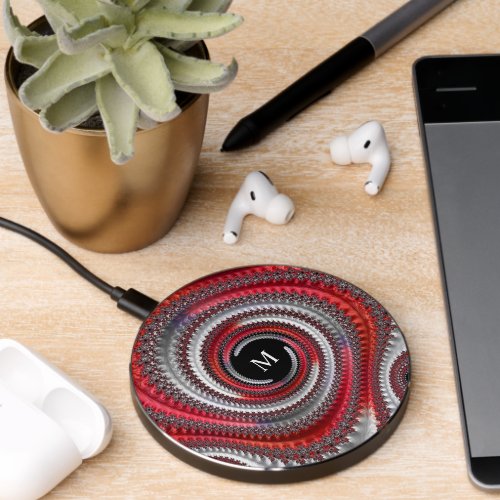 Abstract Red Black Gradient Fractal Monogram Wireless Charger