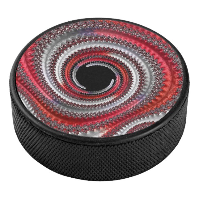Abstract Red Black Gradient Spiral Fractal Hockey Puck (3/4)