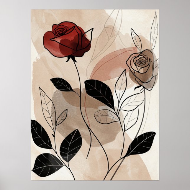 Abstract Red Black Roses Green leaves Line Art Poster (Front)