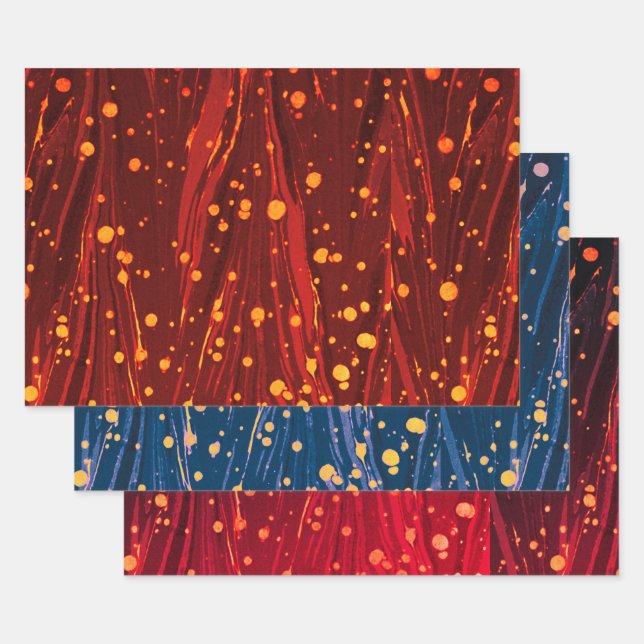 ABSTRACT RED BLUE MARBLED PAPER ,GOLD SPLASHES (Set)