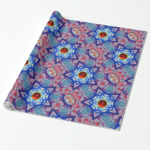 ABSTRACT RED BLUE STARS WITH RUBY GEM STONES WRAPPING PAPER