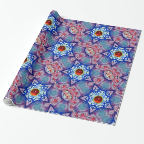 ABSTRACT RED BLUE STARS WITH RUBY GEM STONES WRAPPING PAPER