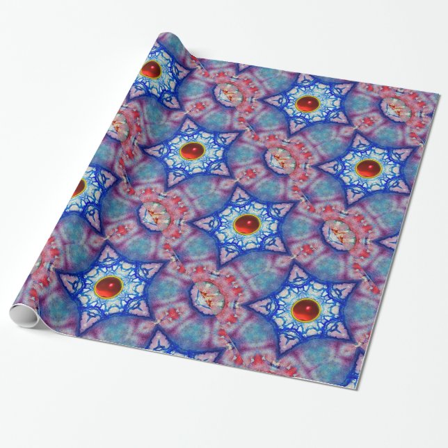 ABSTRACT RED BLUE STARS WITH RUBY GEM STONES WRAPPING PAPER (Unrolled)