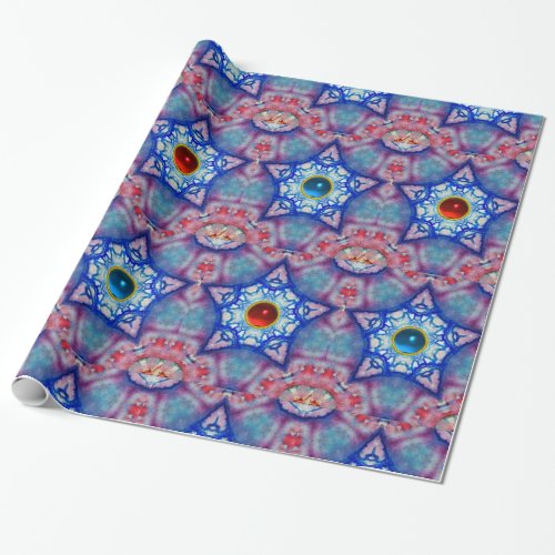 ABSTRACT RED BLUE STARS WITH SHINY GEM STONES WRAPPING PAPER