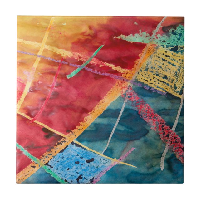 Abstract Red Blue Yellow Watercolor Painting Ceramic Tile (Front)