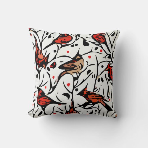 Abstract Red Cardinals  Winterberries Tree Skirt Throw Pillow