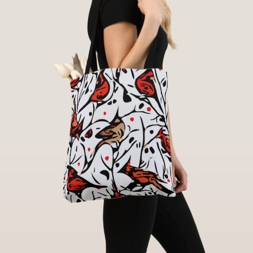 Abstract Red Cardinals  Winterberries Tree Skirt Tote Bag