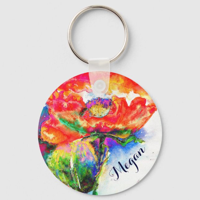 Abstract red floral watercolor  keychain (Front)