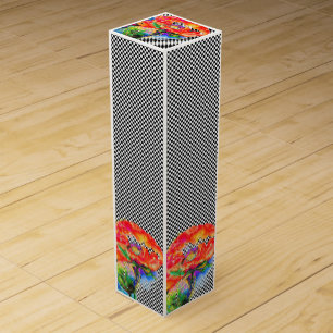 Abstract red floral watercolor painting checks wine gift box