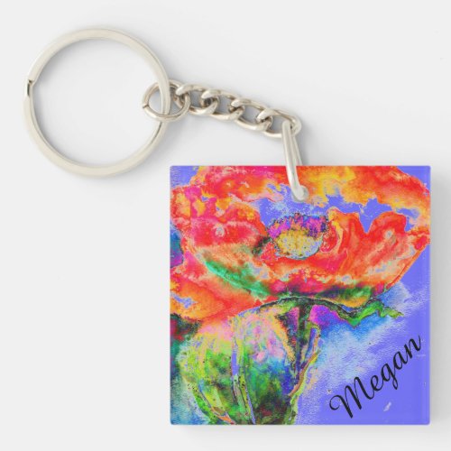 Abstract red floral watercolor painting red poppy  keychain