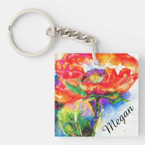 Abstract red floral watercolor painting red poppy  keychain