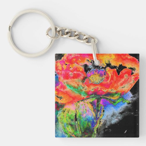 Abstract red floral watercolor painting red poppy  keychain