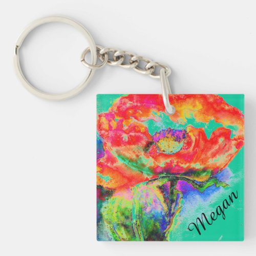 Abstract red floral watercolor painting red poppy  keychain