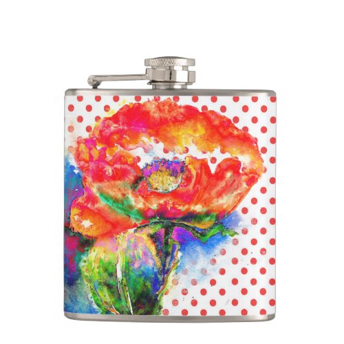 Abstract red floral watercolor poppy polka dots flask