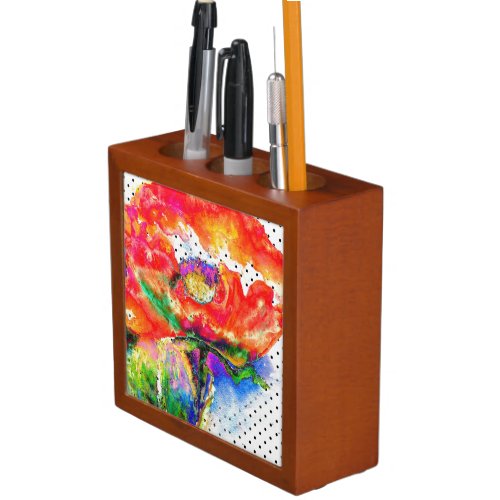 Abstract red floral watercolor poppy polka dots PencilPen holder
