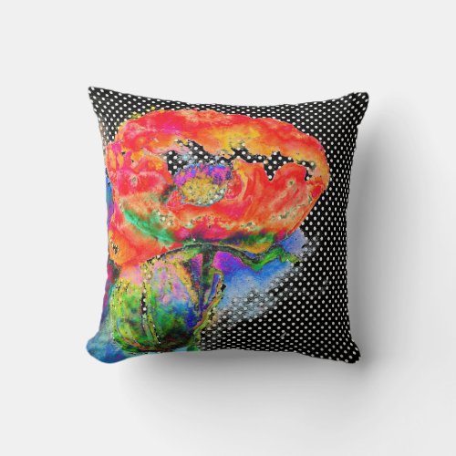 Abstract red floral watercolor poppy polka dots throw pillow