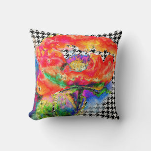 Abstract red floral watercolorhoundstooth pattern throw pillow