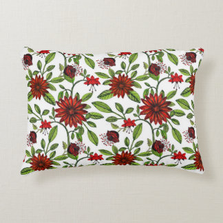 abstract red flowers and green leaves on white bac accent pillow