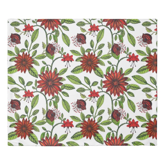 abstract red flowers and green leaves on white bac duvet cover (Front)