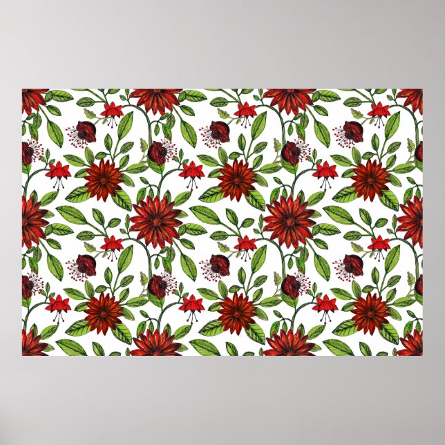 abstract red flowers and green leaves on white bac poster (Front)