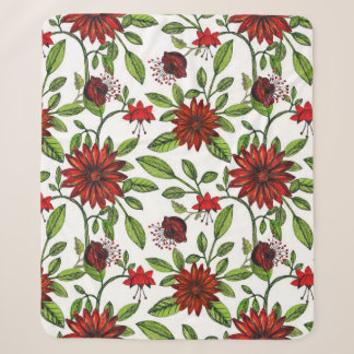abstract red flowers and green leaves on white bac sherpa blanket