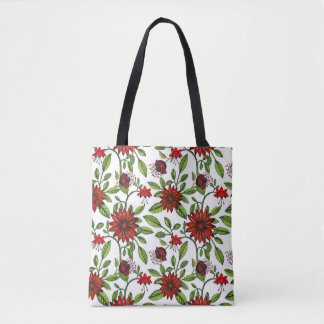 abstract red flowers and green leaves on white bac tote bag
