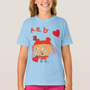 Abstract Red Girl With Hearts on Blue Kids T-Shirt