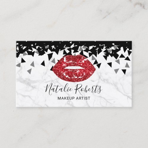 Abstract Red Glitter Lips Marble Makeup Artist Business Card