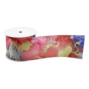 Abstract Red Gold Purple Alcohol Ink Satin Ribbon