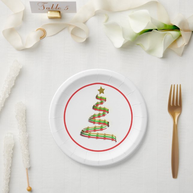 Abstract Red, Green, and Gold Christmas Tree Paper Plates (Wedding)