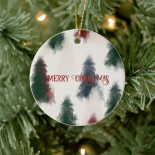 Abstract Red Green Cream Christmas Trees Ceramic Ornament