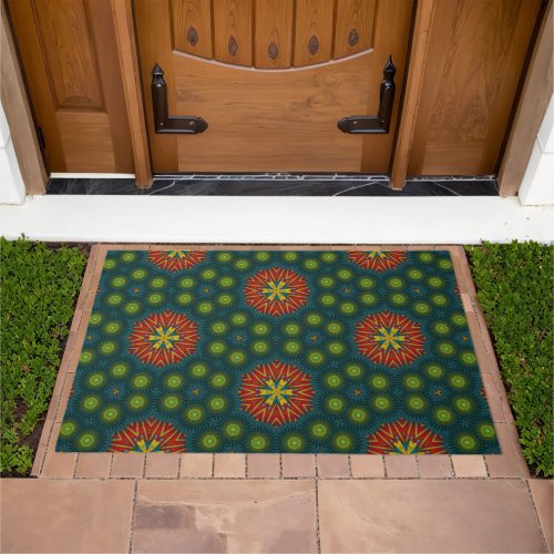   Abstract Red Green Dots Pattern Cool Boho Tribal Doormat