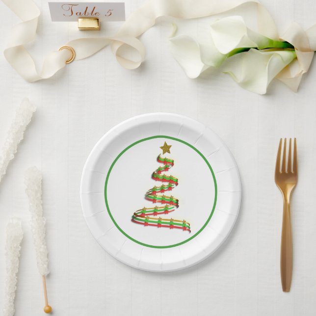Abstract Red Green Gold Ribbon Christmas Tree Paper Plates (Wedding)
