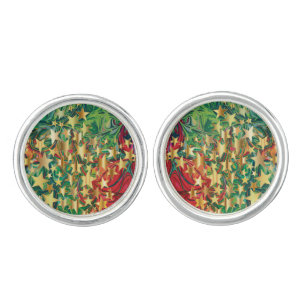 Abstract Red Green Gold Stars Festive Christmas Cufflinks