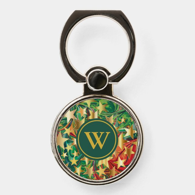 Abstract Red Green Gold Stars MONOGRAM Phone Ring Stand (Front)