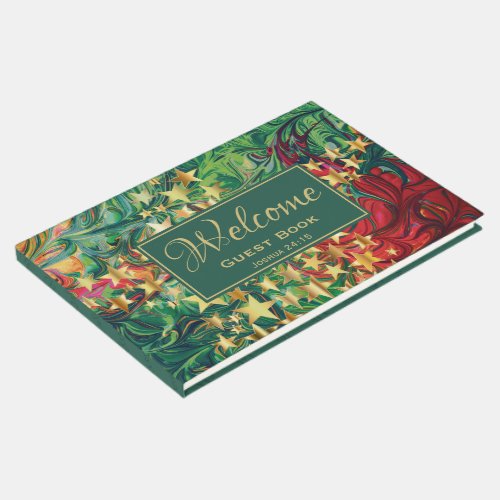 Abstract Red Green Gold Stars Personalized WELCOME Guest Book