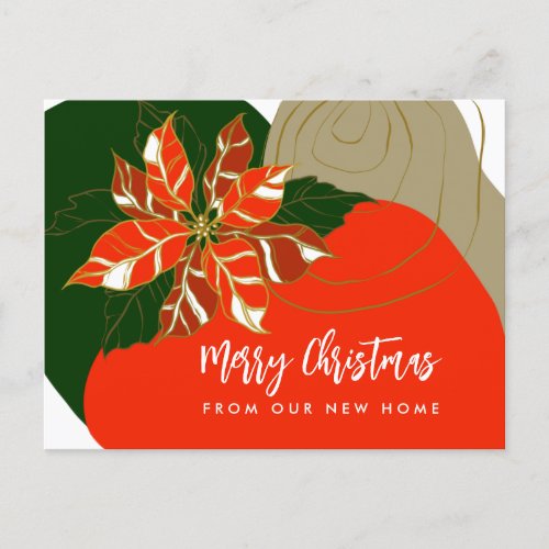 Abstract Red Green Poinsettia Holiday Moving Announcement Postcard