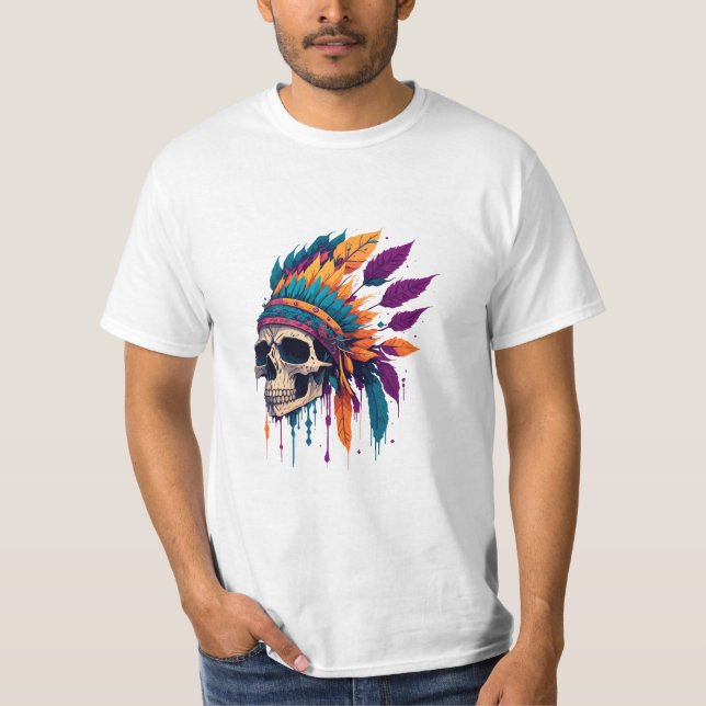 Abstract Red Indian SKull Color Splash Design T-Shirt (Front)
