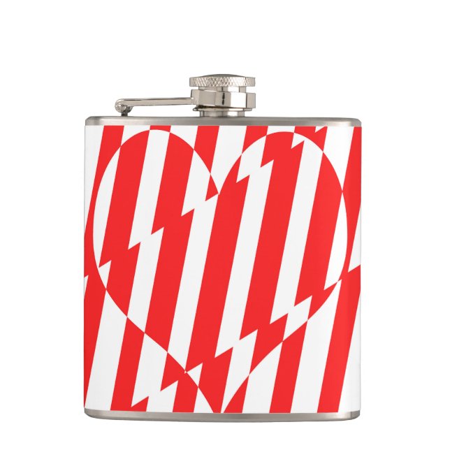 Abstract Red n White Stripes Valentine Heart Flask (Front)