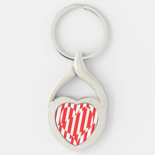Abstract Red n White Stripes Valentine Heart Keychain