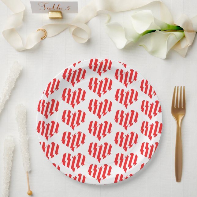 Abstract Red n White Stripes Valentine Heart Paper Plates (Wedding)