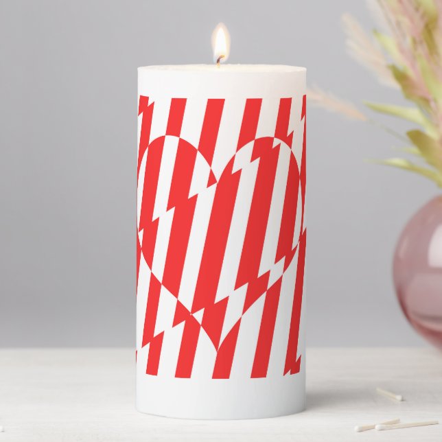 Abstract Red n White Stripes Valentine Heart Pillar Candle (In Situ)