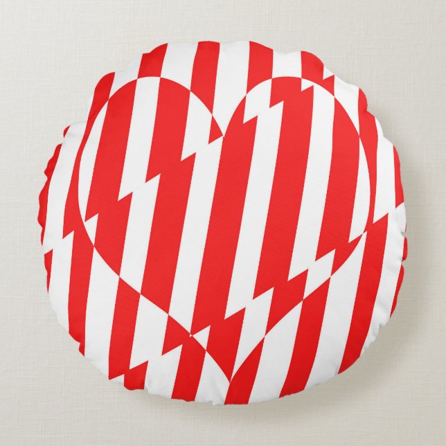 Abstract Red n White Stripes Valentine Heart Round Pillow (Front)
