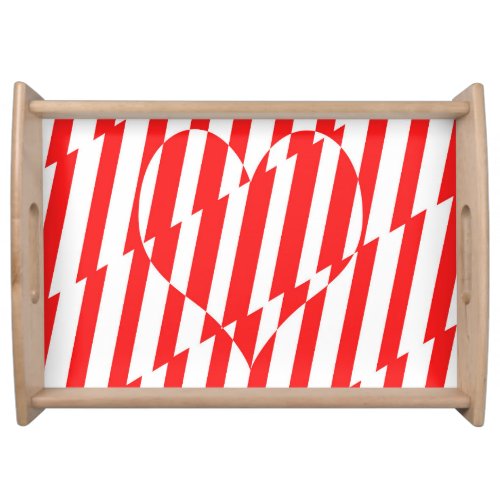 Abstract Red n White Stripes Valentine Heart Serving Tray