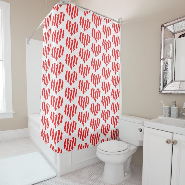 Abstract Red n White Stripes Valentine Heart Shower Curtain (In Situ)