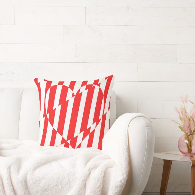 Abstract Red n White Stripes Valentine Heart Throw Pillow (Couch)