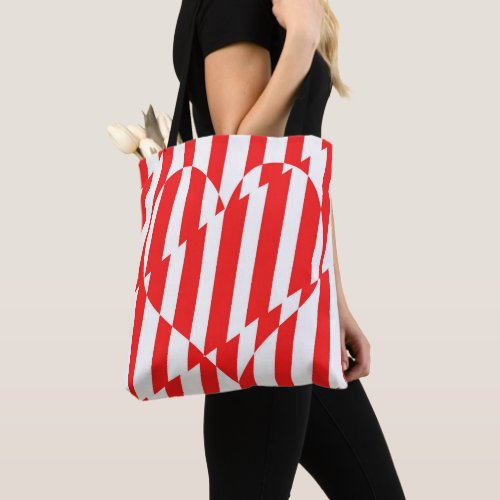 Abstract Red n White Stripes Valentine Heart Tote Bag