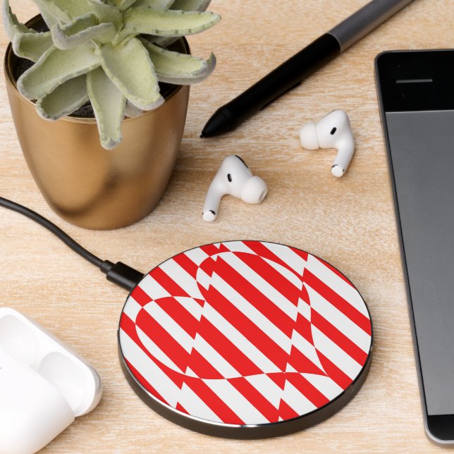 Abstract Red n White Stripes Valentine Heart Wireless Charger (Desk 2)