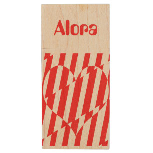 Abstract Red n White Stripes Valentine Heart Wood Flash Drive