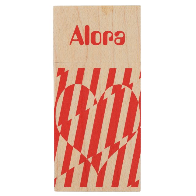 Abstract Red n White Stripes Valentine Heart Wood Flash Drive (Front Vertical)